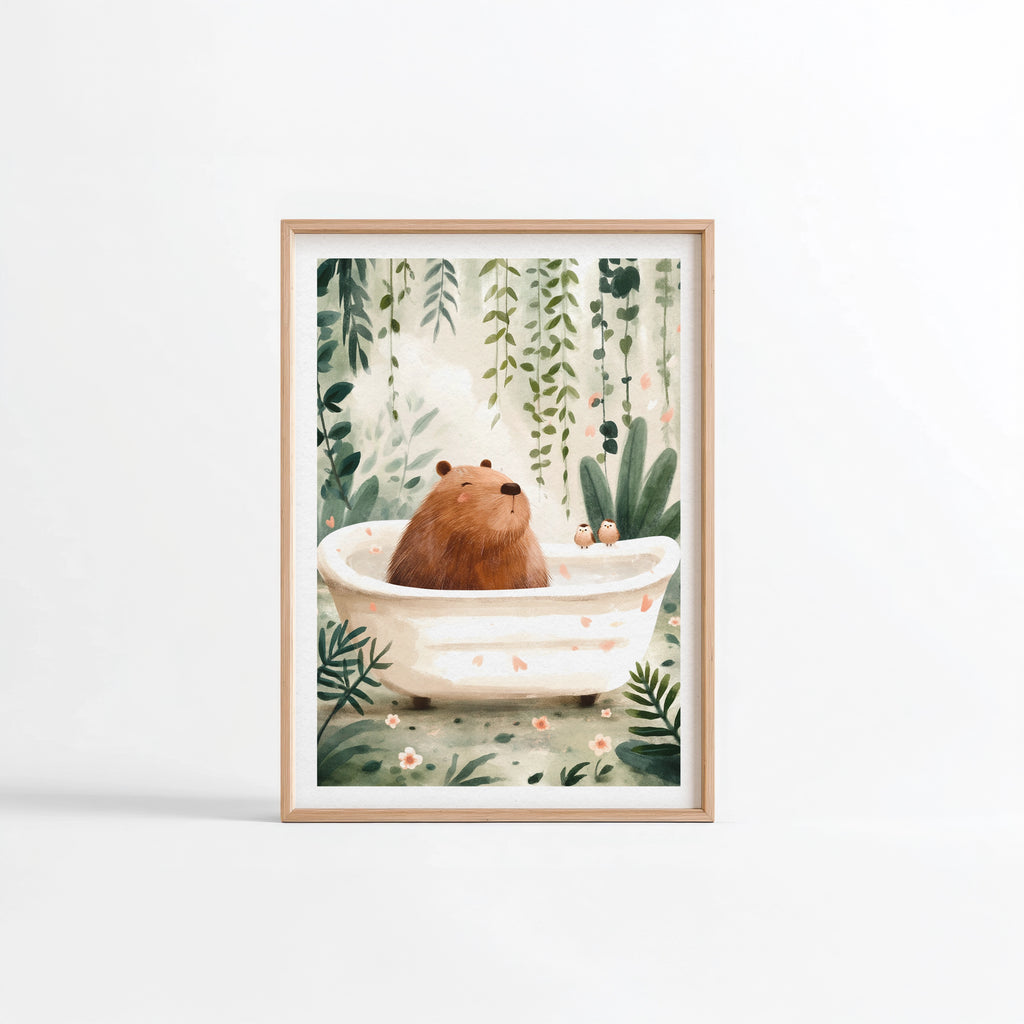 Capybara au bain baignoire rétro illustration Fine Art chambre enfant cadre bois