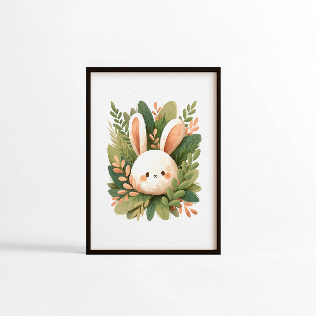 Lapin crème feuillage botanique illustration Fine Art cadre noir chambre enfant
