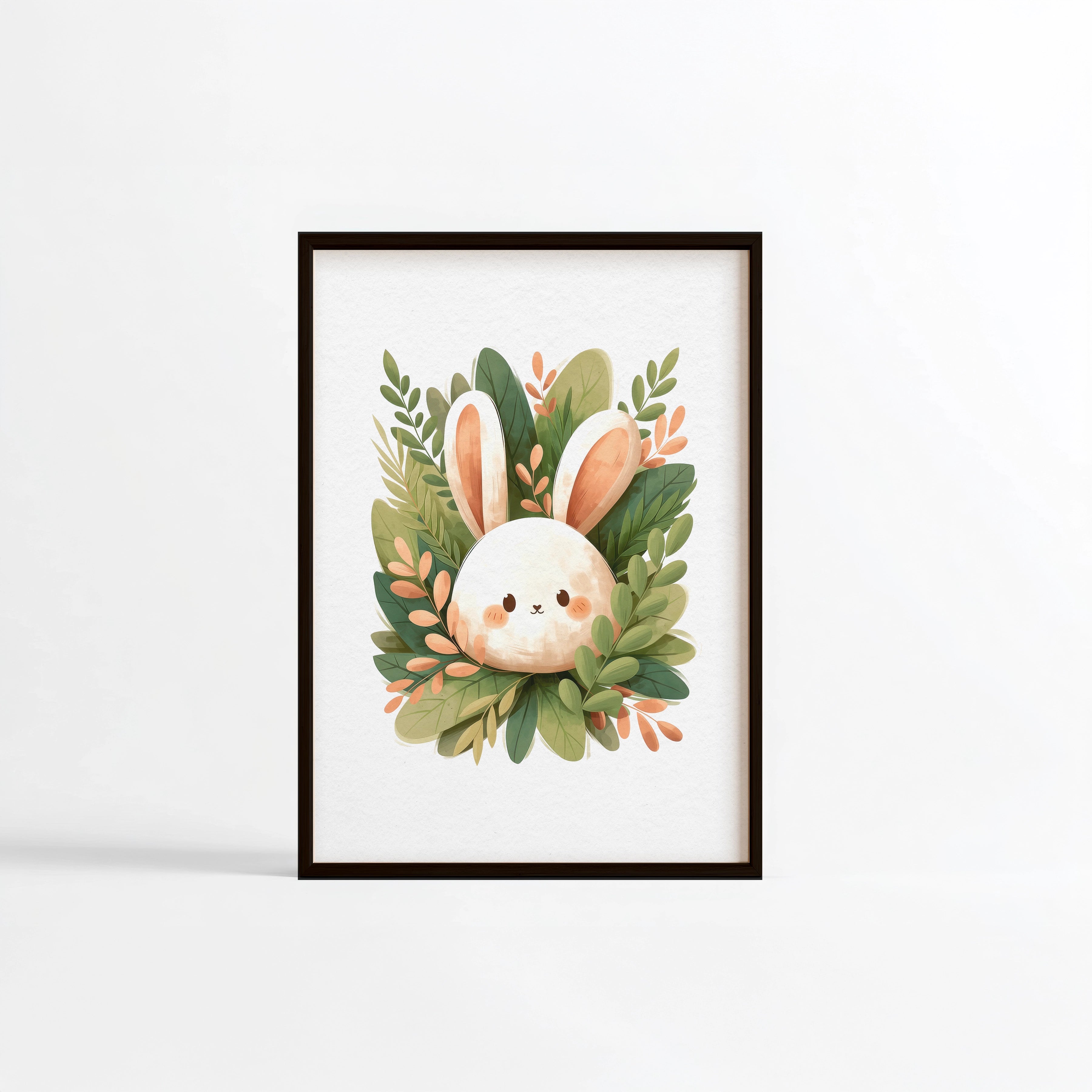 Lapin crème feuillage botanique illustration Fine Art cadre noir chambre enfant
