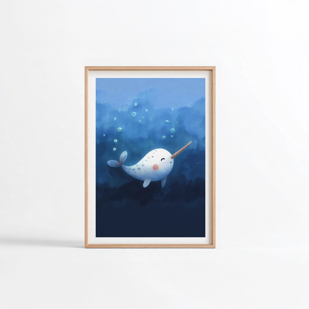 Narval blanc nacre illustration Fine Art chambre enfant cadre bois clair