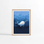 Narval blanc nacre illustration Fine Art chambre enfant cadre bois clair