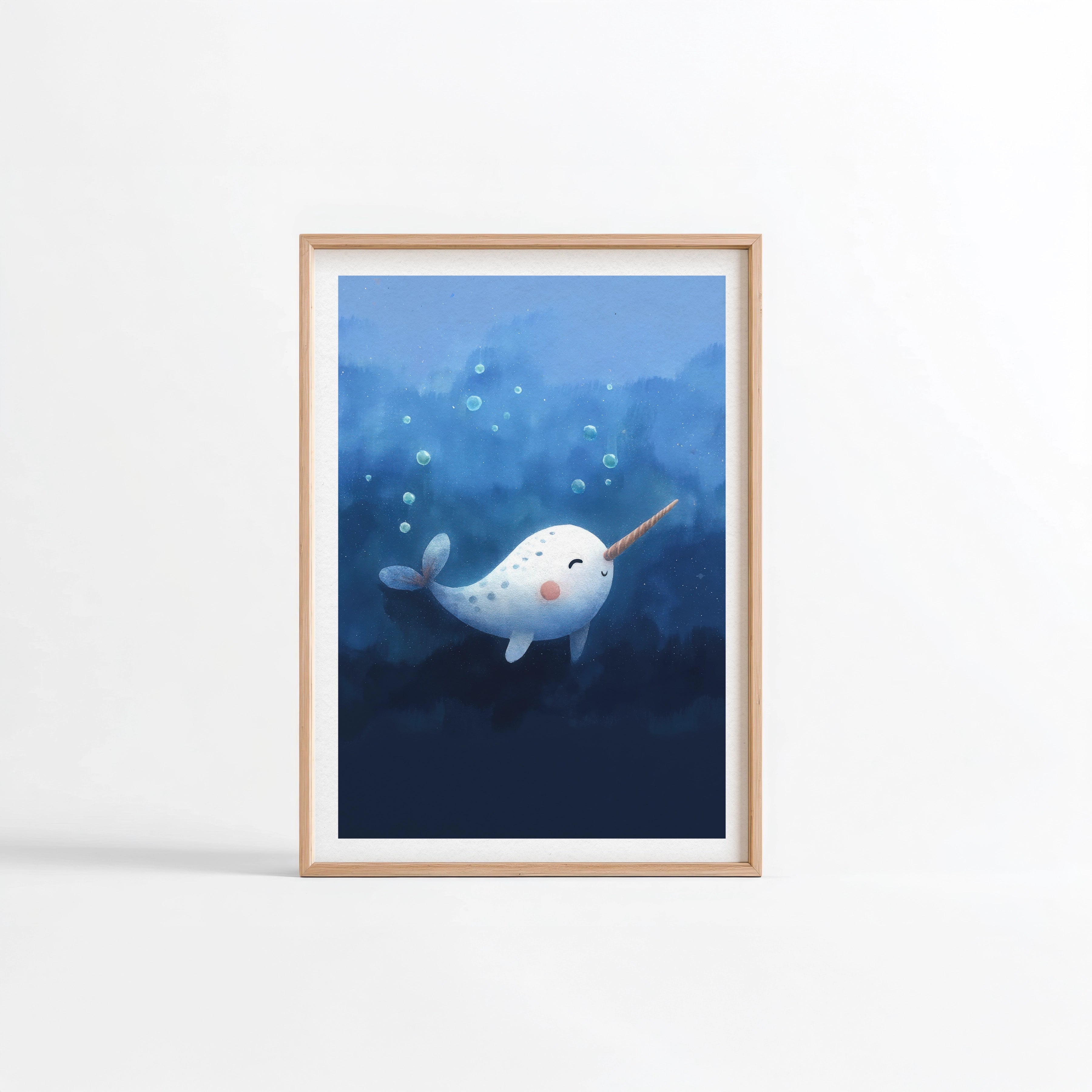 Narval blanc nacre illustration Fine Art chambre enfant cadre bois clair