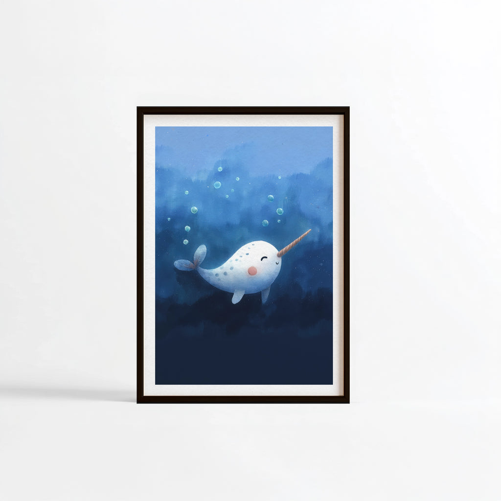 Narval blanc nacre illustration Fine Art chambre enfant cadre noir