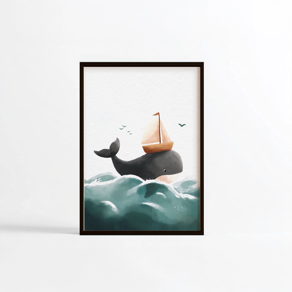 Baleine voilier illustration Fine Art chambre enfant cadre noir