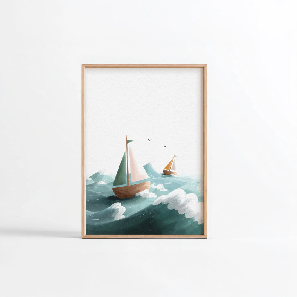 Voiliers bois vagues illustration Fine Art chambre enfant cadre bois