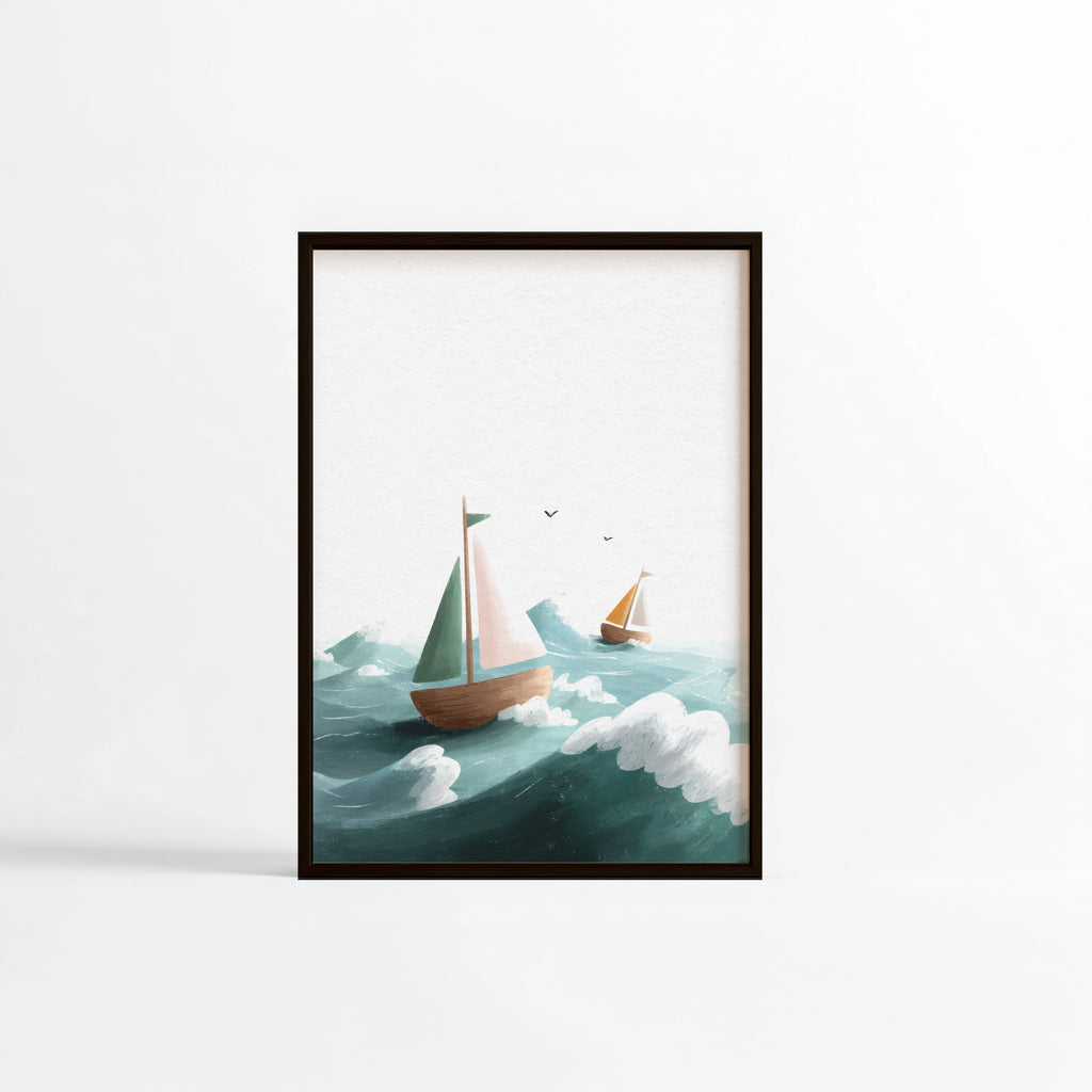 Voiliers bois vagues illustration Fine Art chambre enfant cadre noir