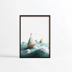 Voiliers bois vagues illustration Fine Art chambre enfant cadre noir