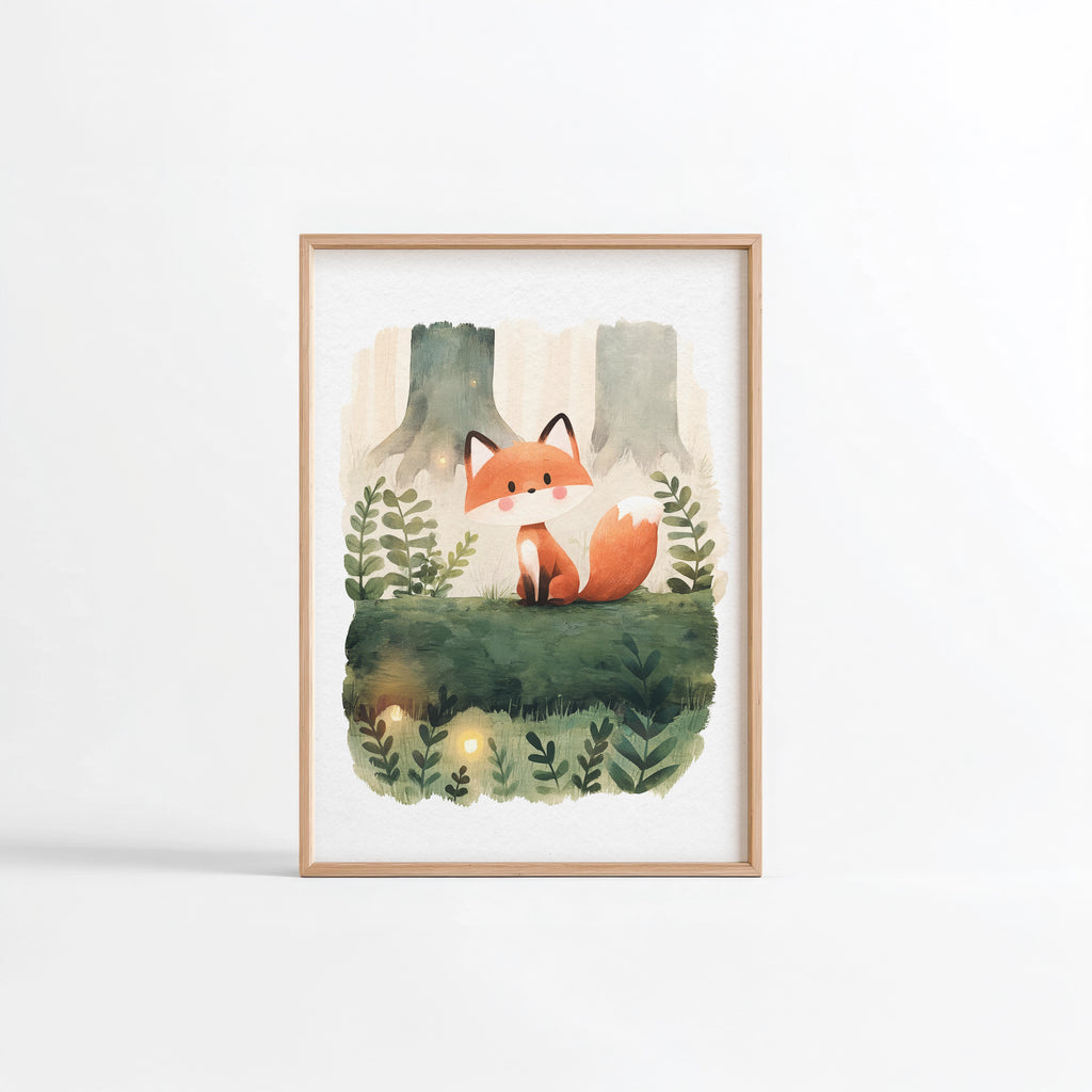 Renard forêt mousse fougères illustration Fine Art chambre enfant cadre bois