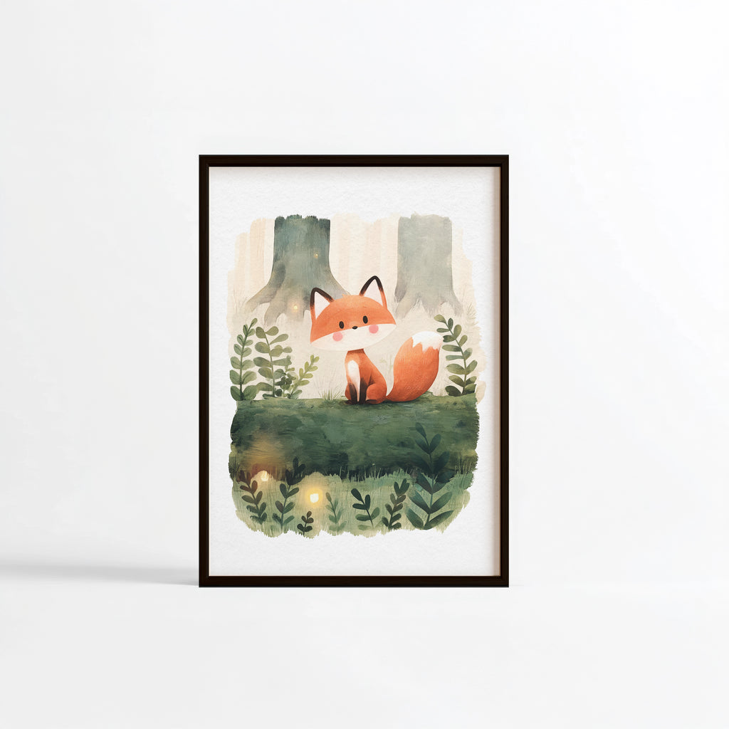 Renard forêt mousse fougères illustration Fine Art chambre enfant cadre noir