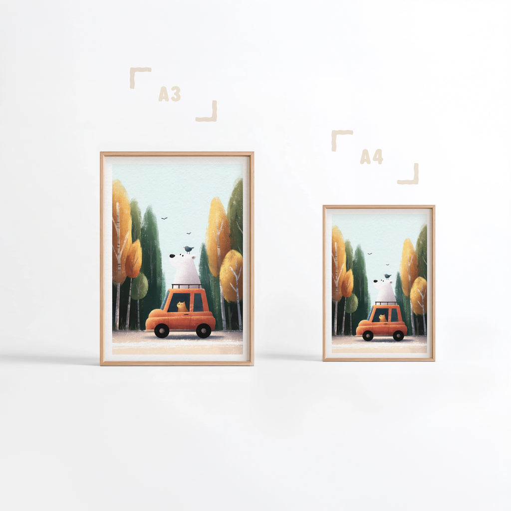 Ours & Chat en Voyage - Affiche Fine Art pour chambre d'enfant