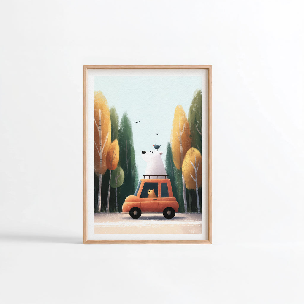 Ours & Chat en Voyage - Affiche Fine Art pour chambre d'enfant